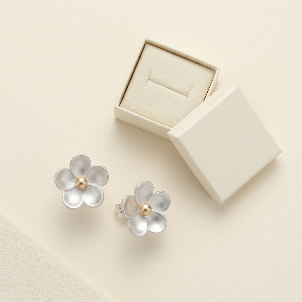 🪙 Silver Flower Stud Earrings | Two-Tone Floral Jewelry | Elegant Everyday Style