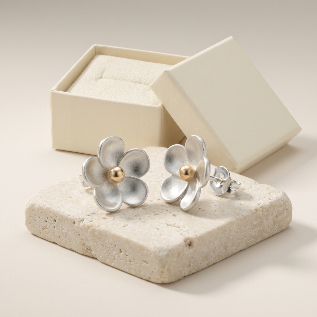 🪙 Silver Flower Stud Earrings | Two-Tone Floral Jewelry | Elegant Everyday Style