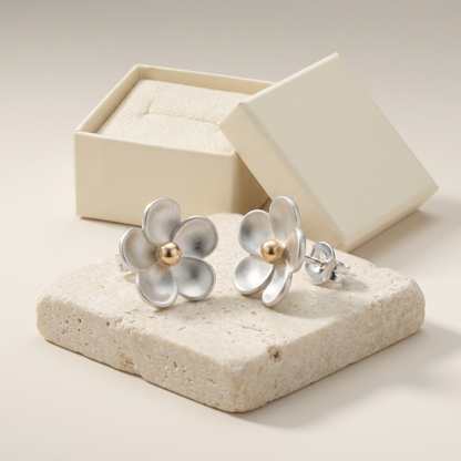 🪙 Silver Flower Stud Earrings | Two-Tone Floral Jewelry | Elegant Everyday Style