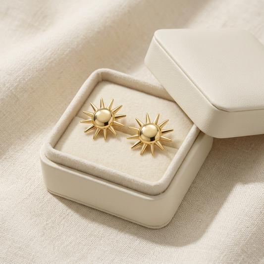 ☀️ Gold Sunburst Stud Earrings | Sculptural Gold-Tone Jewelry | Modern Statement Style