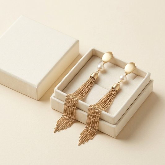 🪞 Gold Pearl Tassel Earrings | Elegant Statement Jewelry | Vintage-Inspired Style