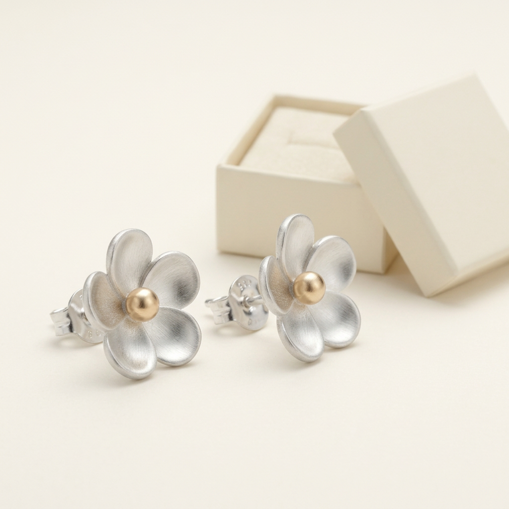 🪙 Silver Flower Stud Earrings | Two-Tone Floral Jewelry | Elegant Everyday Style