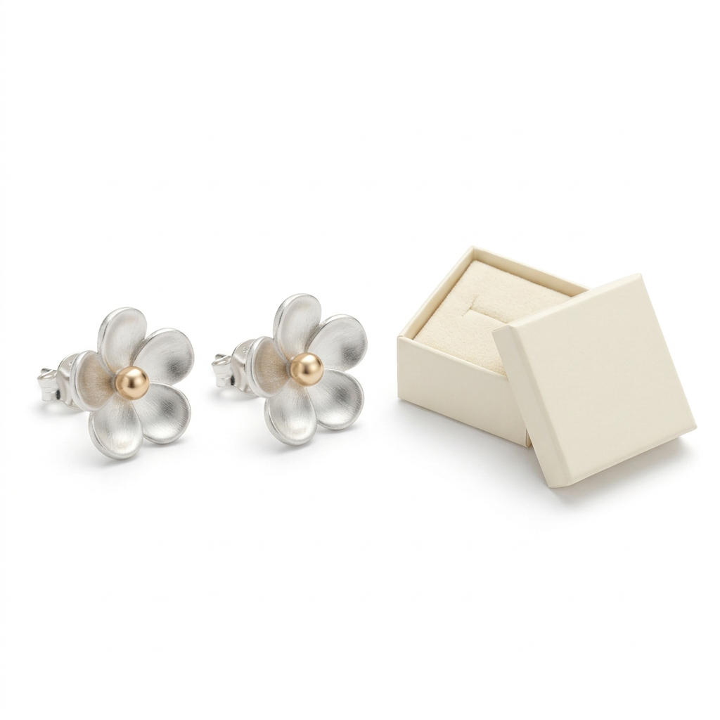 🪙 Silver Flower Stud Earrings | Two-Tone Floral Jewelry | Elegant Everyday Style