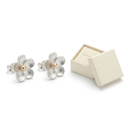 🪙 Silver Flower Stud Earrings | Two-Tone Floral Jewelry | Elegant Everyday Style