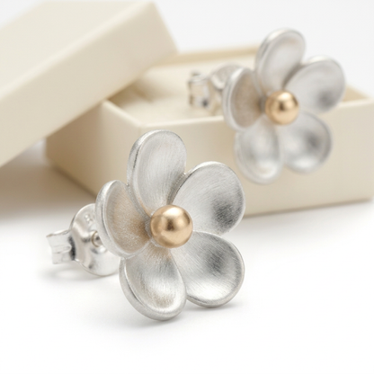 🪙 Silver Flower Stud Earrings | Two-Tone Floral Jewelry | Elegant Everyday Style